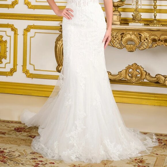 New Off The Shoulder White Mermaid Wedding Gown w/ Floral Lace Applique GL3713 - Picture 8 of 14